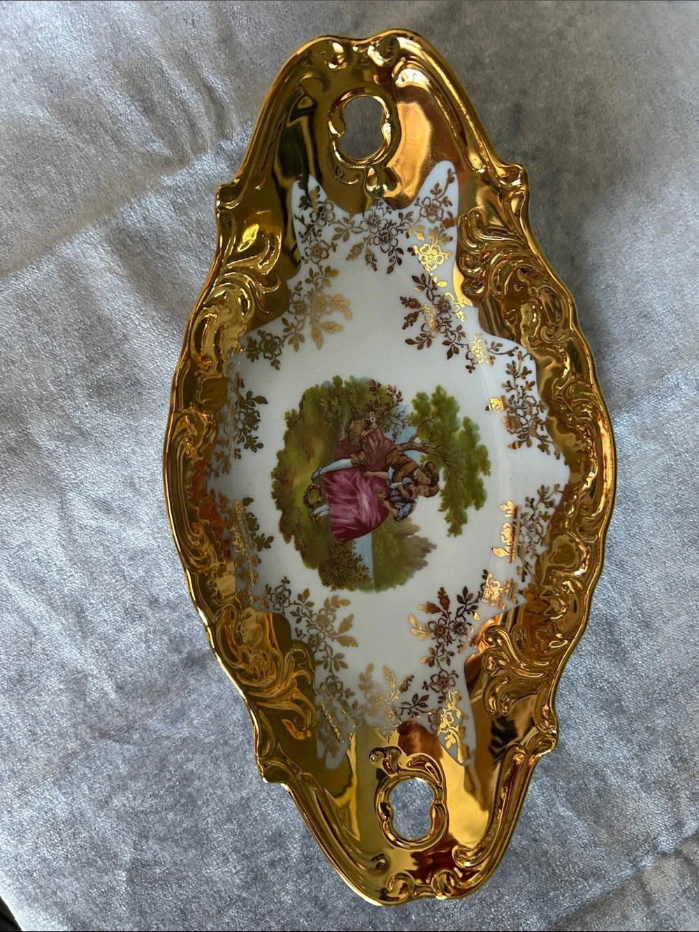 Gold-Trim Decorative Porcelain Serving Tray with Vintage Scene